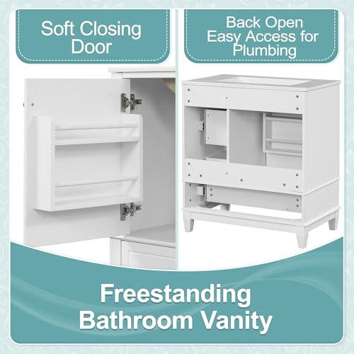 Linique 30" Modern Bathroom Vanity with Sink Combo Set, Solid Wood Frame Bathroom Storage Cabinet with 3 Drawers, Soft Closing Cabinet Door with Organizer, White - color: White, size: 30"/ Door with Organizer