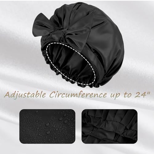 Shower Cap for Women Reusable Waterproof, Large Satin Shower Bonnet, Washable Bath Hat for Long Hair, Braids, Curly Hair, Pink + Black - color: Black + Pink