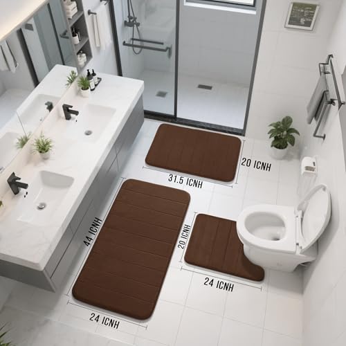 Yimobra 3 Pieces Memory Foam Bath Mat Set with U-Shaped Toilet Rug - Non Slip Super Soft Absorbent Quick Dry Bathroom Rugs for Bathtub, Vanity & Toilet Base, Brown - color: Brown, size: 44''x24'' + 31.5''x20'' + 24''x20''