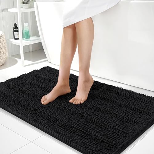 OLANLY Thick Large Bathroom Rugs 40x24, Extra Soft Absorbent Chenille Striped Bath Rugs, Rubber Backing, Machine Wash Dry, Bath Mats for Bathroom Floor, Tub and Shower, Home Decor Accessories, Black - color: Black, size: 40" X 24"