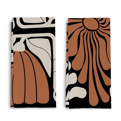 Black and White Floral Kitchen Towels, Retro 70s Groovy Hand Towels for Bathroom Decor, Modern Minimalist Botanical Dish Tea Towels for Kitchen Decor(16×24 Set of 2) - color: Boho Black and Whtie