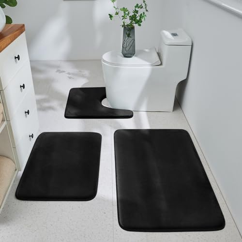 HUXMEYSON Bathroom Rugs Sets 3 Piece, Ultra Soft Velvet Memory Foam Bath Rugs, Non-Slip & PVC Backing Bathroom Mat Set, Washable Quick Dry Bath Rug - Black - color: Black, size: 17"x24"+20"x32"+U Shape 20"x24"