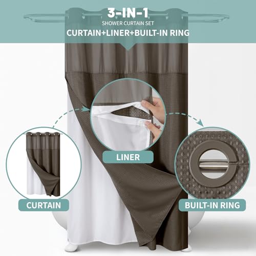 eachope Brown No Hook Waffle Weave Shower Curtain with snap-in Liner Replacement, 230GSM Waterproof Fabric Hotel Shower Curtain Set for Bathroom, Through Mesh Top Window,54Wx80H - color: Brown, size: 54"W x 80"L (Pack of 1)