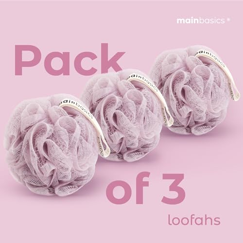 MainBasics Shower Loofah Sponge Pouf, Set of 3, Perfectly Pink | Soft Mesh Body Scrubber and Bath Sponge for Gentle Exfoliation, Rich Lather, and Everyday Shower Use - style: Perfectly Pink