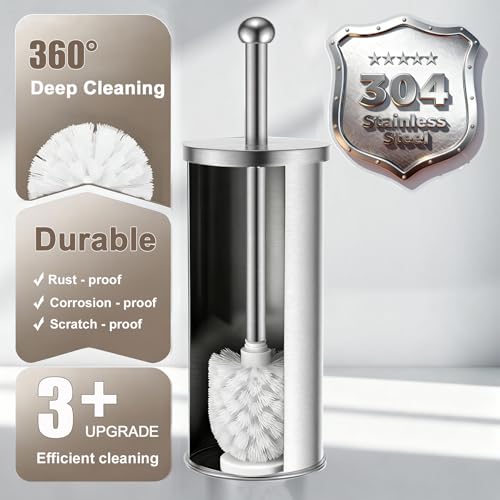 Toilet Brush and Holder Set: 304 Stainless Steel Toilet Bowl Brush for Bathroom Deep Cleaning,Removable Inner Bowl and Splash Protection,Compact and Durable (Silver)