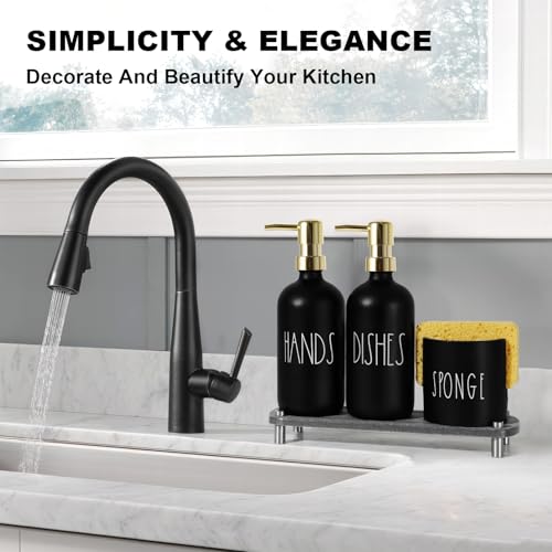 Kitchen Soap Dispenser Set, 16.9 fl oz Hand and Dish Soap Dispensers with Tray, Black and Gold Kitchen Soap Dispenser Set with Sponge Holder, Instant Dry Tray, Gold&Black - color: Black Bottle+gold Pump