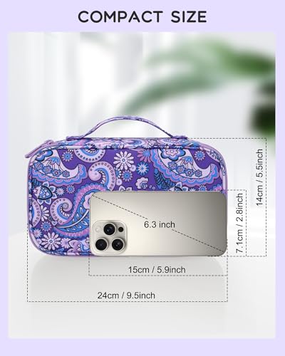 Relavel Travel Makeup Bag, Small Floral Cosmetic Bag with Makeup Brush Compartment, Portable Makeup Pouch for Women, Double Layer Cute Toiletry Organizer Bag, Purple Flower - color: 01B-Floral Purple, size: MEDIUM