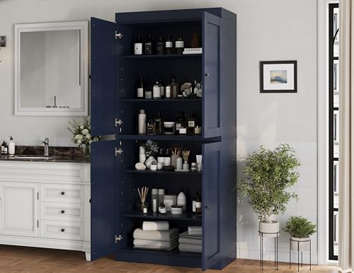 Palace Imports Solid Wood Tall Bathroom Pantry Cabinet with 4 Shaker Doors & Adjustable Shelves, Navy Blue - 100% Eco-Friendly, Renewable, Space-Saving Storage, 71.5" H x 32" W, Made in Brazil - color: Navy Blue