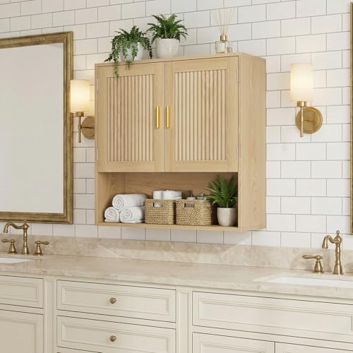 Fluted Bathroom Cabinet,Bathroom Wall Cabinet with Adjustable Shelves,Wooden Wall Storage Cabinet for Bathroom,Kitchen,Living Room,Bedroom