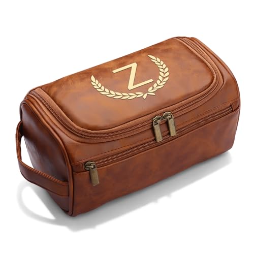 OXYEFEI Personalized Toiletry Bag for Men,Personalized Gifts for Men,Engraved Initial PU Leather Mens Toiletry Travel Shaving Travel Essentials Toiletries Bag for Him Birthday (Z, Light Brown) - color: Light Brown, style: Z