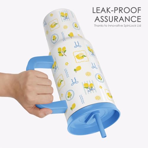 SANDJEST Lemon Stainless Steel Locking Lid Silicone Straw Tumbler with Handle 40oz, Insulated Stainless Steel Travel Cup for Women Girls Friends, Gift Idea for Birthday Summer Vacation - color: Lemon