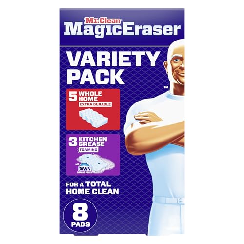 Mr. Clean Magic Eraser Sponge, All Purpose Cleaner, Cleaning Scrubber, Wall, Kitchen, Bathroom, Shower Cleaner, Melamine Sponge, Cleaning Pads, Variety Pack, 5 Extra Durable, & 3 Grease Magic Erasers - size: 8 Count, style: Upgraded Version