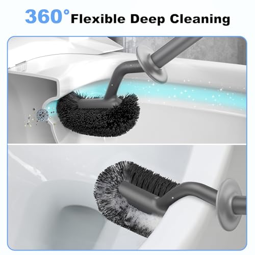 HAMITOR Toilet Bowl Brush Holder Set: Curved Design with Holder for Deep Cleaning Under Rim - Compact Hidden Scrubber for Small Space - Modern RV Bathroom Accessories - Gray - color: Gray