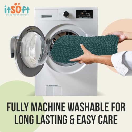 ITSOFT 3pc Non-Slip Shaggy Chenille Bathroom Mat Set, Includes 24"x21" U-Shaped Contour Toilet Rug, 34"x21" Inches Bathmat and 1 Toilet Lid Cover, Teal - color: Teal, size: 24''x21’’, 34’’x21’’ and TLC (Set)