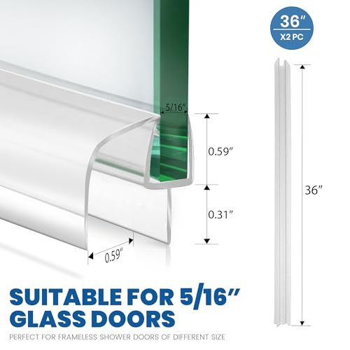 2-Pack Shower Glass Door Bottom Seal Strip,36 Inch Long Clear PVC Seal Strips for 5/16"(8mm) Thick Framless Glass Door Panel, Stop Leaks and Create a Water Barrier - style: 5/16"X 36"