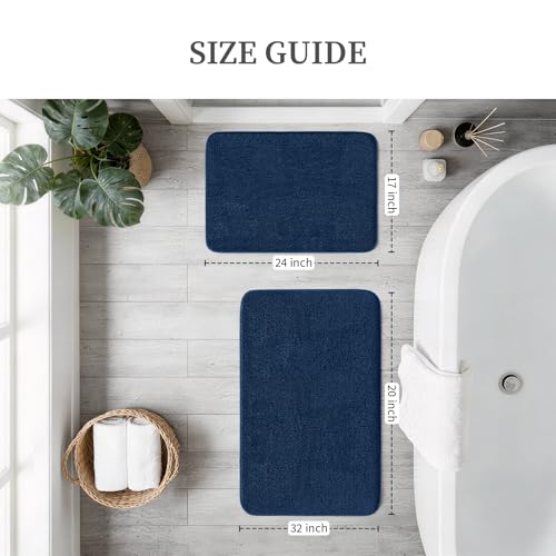 YIHOUSE Memory Foam Bathroom Rugs Sets 2 Piece - Extra Thick Soft Towel-Like Absorbent Bath Mat Set, Non Slip Machine Washable Bath Rugs Carpet for Bath, Tub and Shower (32"x20"+24"x17", Dark Blue) - color: Dark Blue, size: 1'5" x 2' (17"x24"+20"x32")