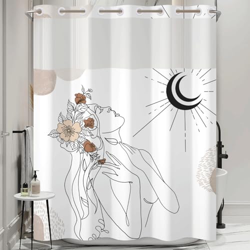No Hook Shower Curtain with Snap in Liner, 2-in-1 Double Layer Bath Curtain Set 71x74 Inch | Abstract Feminine Line Art with Moon & Flowers, Sheer Mesh Top, Modern Boho Bathroom Decor - color: Feminine Art