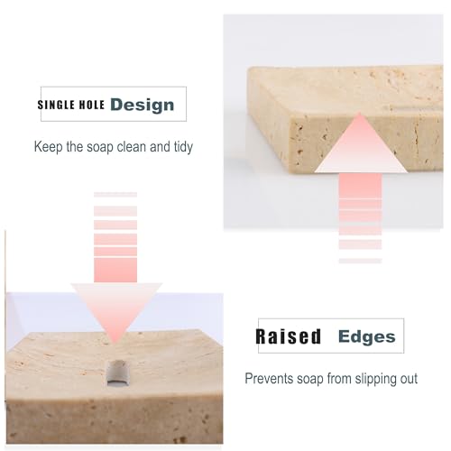 Natural Travertine Marble Soap Dish - Beige Brown Stone Soap Holder for Shower, Bathroom, Kitchen Sink Sponge & Jewelry Ring Tray