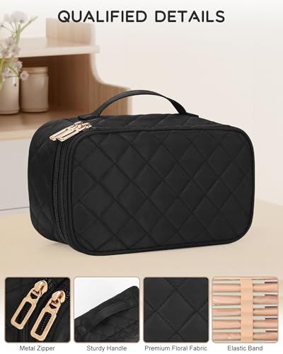 Relavel Small Makeup Bag, Travel Makeup Bag, Cosmetic Bag for Women, 2 Layer Makeup Organizer, Black Make Up Pouch Waterproof, Makeup Brush Holder, Durable Zipper (Black) - color: 01-Black, size: MEDIUM