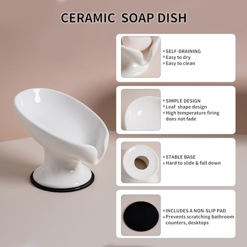 Agyiuns Soap Dish, Soap Holder Self Draining Leaf Shape Soap Dishes，White Ceramic Draining Soap Tray for Shower, Bathroom Sink, Kitchen (Large Size-White, 1) - color: Large Size-white