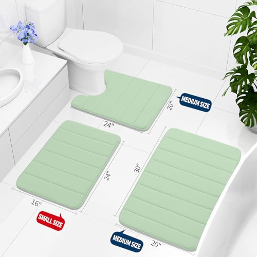Buganda Memory Foam 3 Pieces Bathroom Rugs Set - Thick Soft Absorbent Bath Mats, Washable Small/Large/Contour Bath Rugs (24" x 16" + 30" x 20" + 24" x 20", Sage Green) - color: Sage Green, size: 24" X 16" + 30" X 20" + 24" X 20"