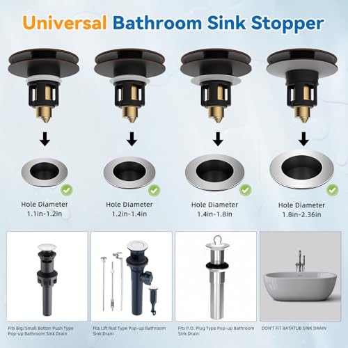 Universal Metal Bathroom Sink Stopper Hair Catcher, Oil-Rubbed Bronze | Pop-Up Sink Drain Strainer with Detachable Filter, Drain Plug Fits 1.1"-2.36" US Basin, Large Cover Cap, Brass Bounce Core - color: Oil Rubbed Bronze