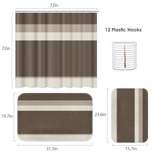 ArtSocket Brown Beige Neutral Bathroom Set with Shower Curtain and Bath Rugs and Accessories, Striped Modern Non-Slip 3 Piece Set, 72" L x 72" W Curtain, 23.6" L x 15.7" W + 19.7"x 31.5" Rugs - color: Brown Beige