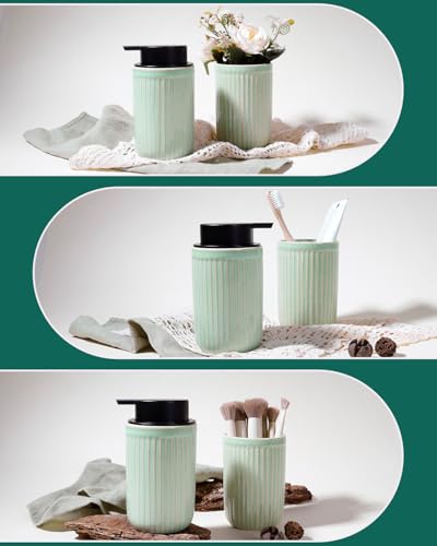 BosilunLife Dish Hand Soap Dispenser - Liquid Pump Soap Dispenser for Bathroom Deco Light Green 12oz Ceramic Kitchen Dish Dispenser with Rust-Proof Liquid Pump Modern Refillable Lotion Bottles - color: Light Green Lotion Pump