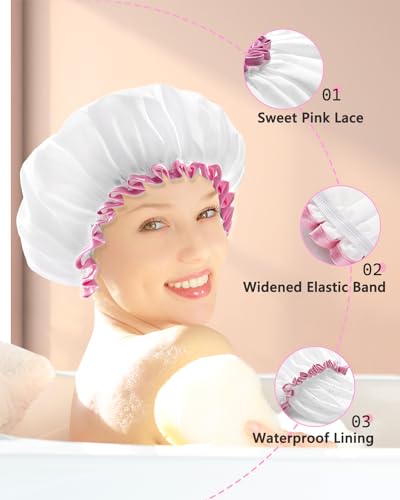 mikimini White Shower Cap Waterproof Reusable, Double Layers Bathing Hair Cap with Soft Comfortable PEVA Lining, Cute, Non-fading & Stretchy Shower Hat Medium (Pack of 1) White - color: White+Pink Lace, size: Medium (Pack of 1)