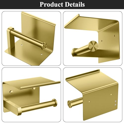 Tindbea Toilet Paper Holder Wall Mount + Towel Robe Hooks, Adhesive or Screw Wall Mounted Toilet Paper Roll Holder with Shelf, Stainless Steel Bathroom Organizers and Storage Kit (Brushed Gold) - color: Brushed Gold, size: Regular