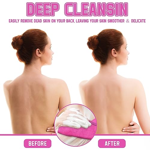 Hosuly 2 Pcs Korean Exfoliating Washcloth and Mitts Set Long Exfoliating Back Italy Towel Scrub Mitt Wash Cloth Scrubber for Women Men Shower Dead Skin Removing Dry Skin (Rose Red) - style: Rose Red
