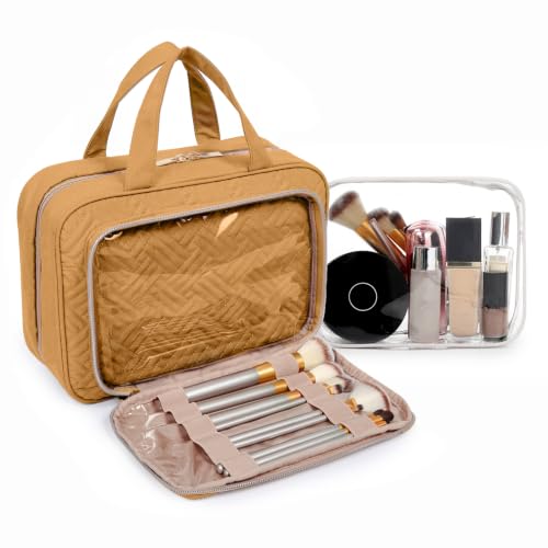 BAGSMART Toiletry Bag Hanging Travel Makeup Organizer with TSA Approved Transparent Cosmetic Bag Makeup Bag for Full Sized Toiletries(Stone Khaki) - color: Stone Khaki, size: Medium