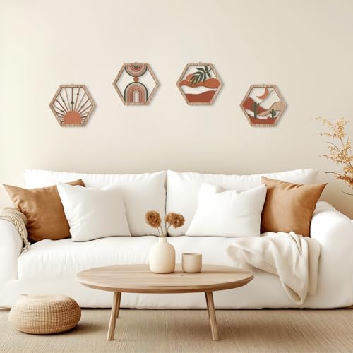 HPNIUB 4 Pcs Boho Wall Art Decor, Bohemian Geometric Hanging Wood Sign for Living Room, Aesthetic Abstract Desert Cactus, Minimalist Farmhouse Botanical Wooden Plaque for Apartment Bedroom(11''x9.8'') - color: Boho geometric