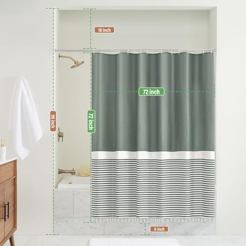 Seasonwood Shower Curtain with White Tassels Modern Farmhouse White Striped Sage Green Shower Curtains for Bathroom 72 x 72 inch Waterproof Fabric Shower Curtain Set - color: Green, size: 72"W x 72"L (Pack of 1)