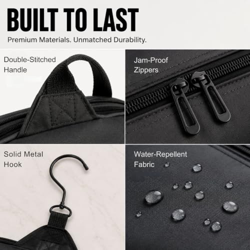AvaJex Travel Toiletry Bag for Men - Large Dopp Kit (10.6"x10.6"x3.2") - Hanging Waterproof Mens Hygiene Organizer Bag with XXL Metal Swivel Hook, Sturdy Zippers and 19 Compartments for Toiletries - color: L Jet Black