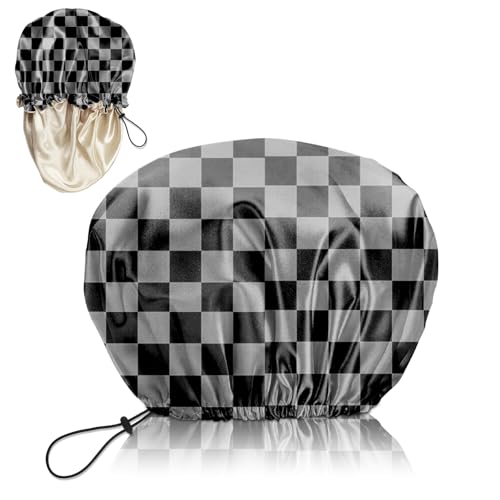 Luxury Shower Cap Silk Satin Lined Waterproof Reusable Adjustable Elastic Dry Hair Bathing Caps Cute for Women Girls-Black Grey Checkered - color: C-17-Black Grey Checkered