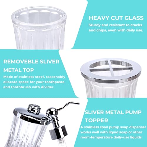 Bathroom Accessories Set,5 Pcs Clear Glass Bathroom Accessory Set,Complete Lotion Soap Dispenser,Toothbrush Holder,Soap Dish,Tumbler & Jar,Modern Bathroom Decor Sets Gift,Round - style: Round(Clear)