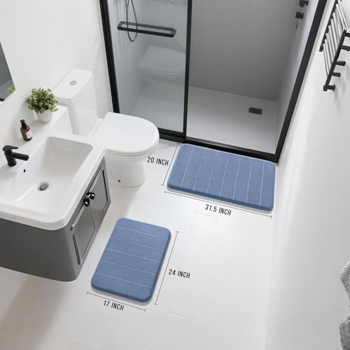 Yimobra Memory Foam Bathroom Rugs Sets 2 Piece - Super Soft Absorbent Quick Dry Bath Mat Set, Machine Washable Non Slip Floor Carpet for Tub Shower & Single Sink (17x24 & 31.5x20 Inch, Denim Blue) - color: Denim Blue, size: 31.5x20+24x17 Inch