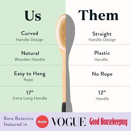 Bare Botanics 17" Extra Long Dry Body Brush - Medium Firmness Back Scrubber | Ergonomic Curved Handle with Silicone Grip and Hang Rope | Natural Bristles | For Shower Use - size: Long Back Brush