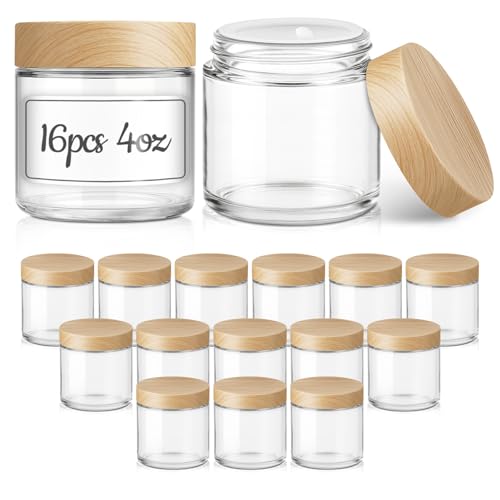 16 Pack 4 OZ Glass Jars with Lids, Small Glass Containers with Plastic Woodgrain Lids & Inner Liners, Reusable Travel Containers for Creams, Makeup, Lotion, Cosmetic, Ointment - color: Clear-16 Pack-4oz