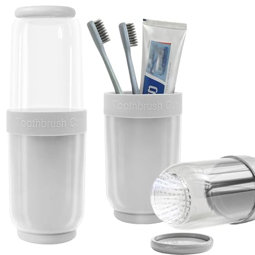 Breathable Toothbrush Travel Case, 2 in 1 Portable Travel Toothbrush Holder and Mouthwash Cup, Large Capacity Toothbrush Cup with Lid for School, Camping, Business Trip, Bathroom, Cruise (White) - color: White
