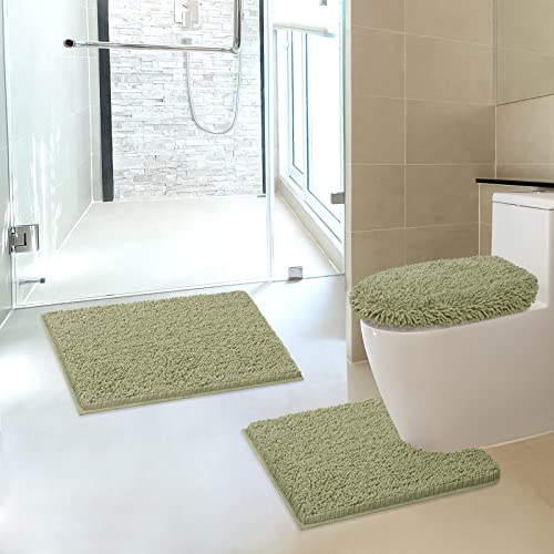 TREETONE Machine Washable Water Absorbent Bath Mat Bathroom Rugs Non Slip Soft Microfiber Mat (Set of 3-Medium 20" x 32"/Contour/Lid Cover, Sage Green) - color: Sage Green, size: Set of 3-Medium 20" x 30"/Contour/Lid Cover
