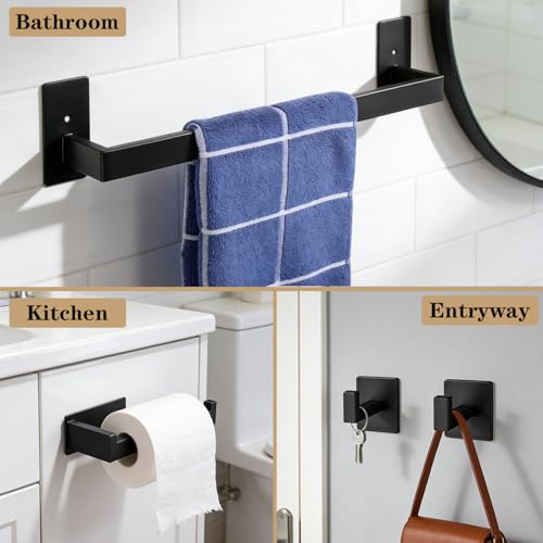 5 Pieces Self Adhesive Bathroom Hardware Set-SUS304 Stainless Steel-Towel Rack Set Include 16″Towel Bar+Toilet Paper Holder+3 Towel/Robe Hooks Bathroom Accessory (Matte Black, 16 in)
