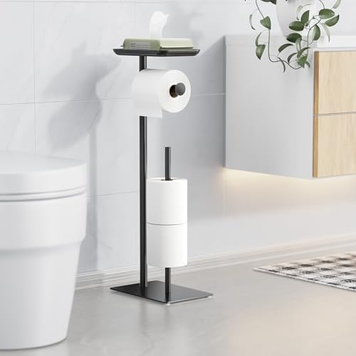 Toilet Paper Holder Stand with Top Storage Shelf, Free Standing Toilet Roll Dispenser for Bathroom, Holds 4 Reserve Rolls - color: Matte Black