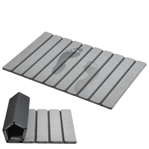 AWW Foldable Stone Bath Mat, Quick Dry Diatomaceous Earth Bath Mat with Non-Slip Mat, Super Absorbent, Easy to Clean, Compact for Small Bathrooms, 23.6 x 15.5, Grey - color: Grey, size: 23.6" x 15.5"