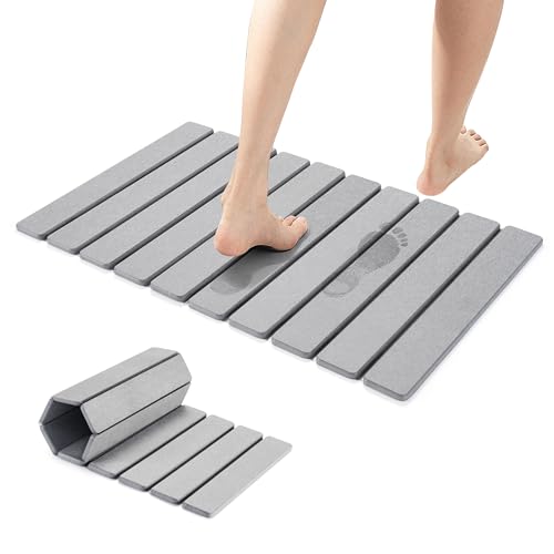 Large Foldable Stone Bath Mat,Diatomaceous Earth with Non-Slip and Super Absorbent, Dry Mat with Quick Dry for Bathroom,Easy to Clean（23.6" Lx15.35 W,Light Grey） - color: Light Grey