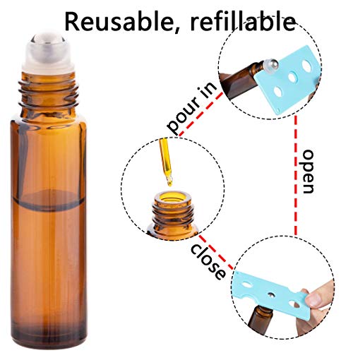 6Pcs 10ml Essential Oil Roller Bottles, with Stainless Steel Roller Balls, 10ml Amber Glass Roll on Bottles for Essential Oils, 1 Extra Roller Ball, 6 Labels, 1 Openers, 2 Droppers Included - color: Brown