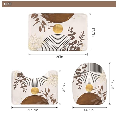 Riyidecor Brown Boho Mid Century 4Pcs Bathroom Shower Curtain Sets Modern Abstract Gold Bathroom Decor Set with Rugs and Accessories Minimalist Toilet Lid Rug, Contour and Bath Mat with 12 Hooks - color: 05brown