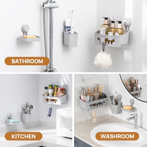 LEVERLOC Shower Caddy Suction Cup Set Shower Organizer & Soap Holder & Toothbrush Holder, Bathroom Shelf Basket NO-Drilling, Removable Suction Storage Waterproof Bathroom Caddy, Gray - color: 3 X Gray