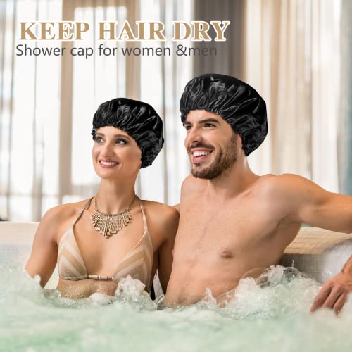 Shower Caps for Women, Extra Large Adjustable Waterproof Reusable Shower Cap, Hair Cap for Shower Hat for Women Girls Long Thick Hair, Bath Caps for Hair Protection - color: Black, size: X-Large
